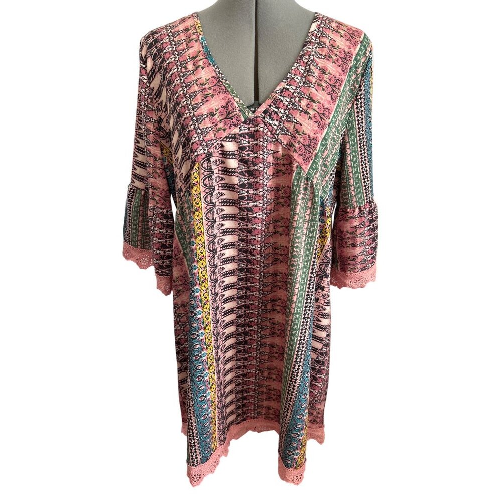 Bohemian Style Multicolor L V-Neck Dress/Beach Cover Up Bell Sleeves Lace Hem